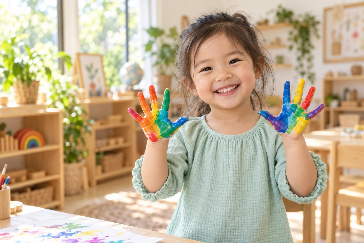 A smiling child with colorful painted hands