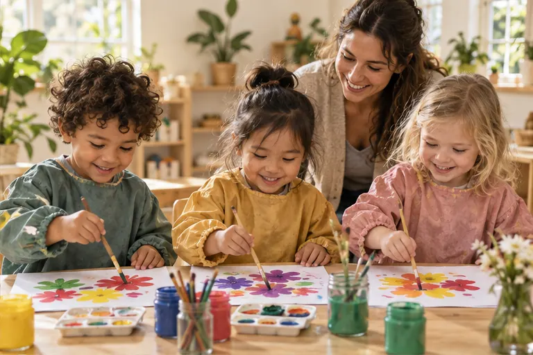Children learning together in an illustrative Montessori classroom