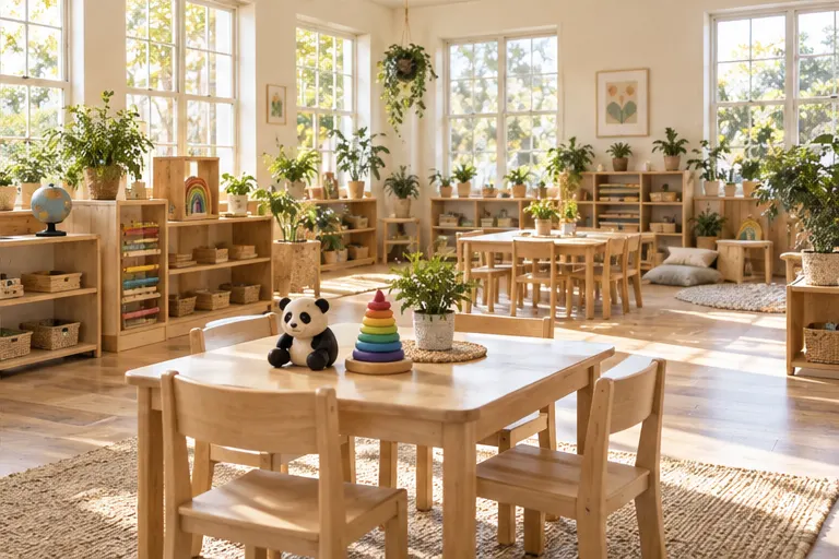 Children learning together in an illustrative Montessori classroom
