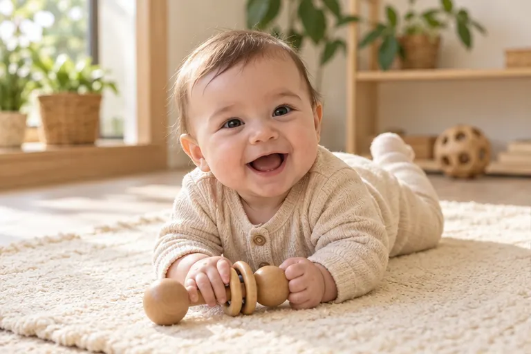 A smiling baby exploring a wooden rattle