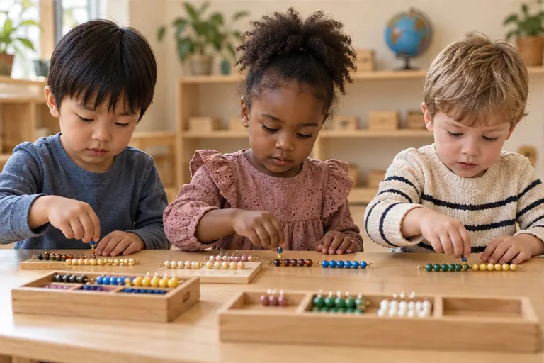 Children learning together in an illustrative Montessori classroom